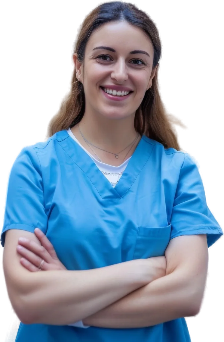 Dr. Elena Park, lead dentist, smiling with arms crossed in blue scrubs